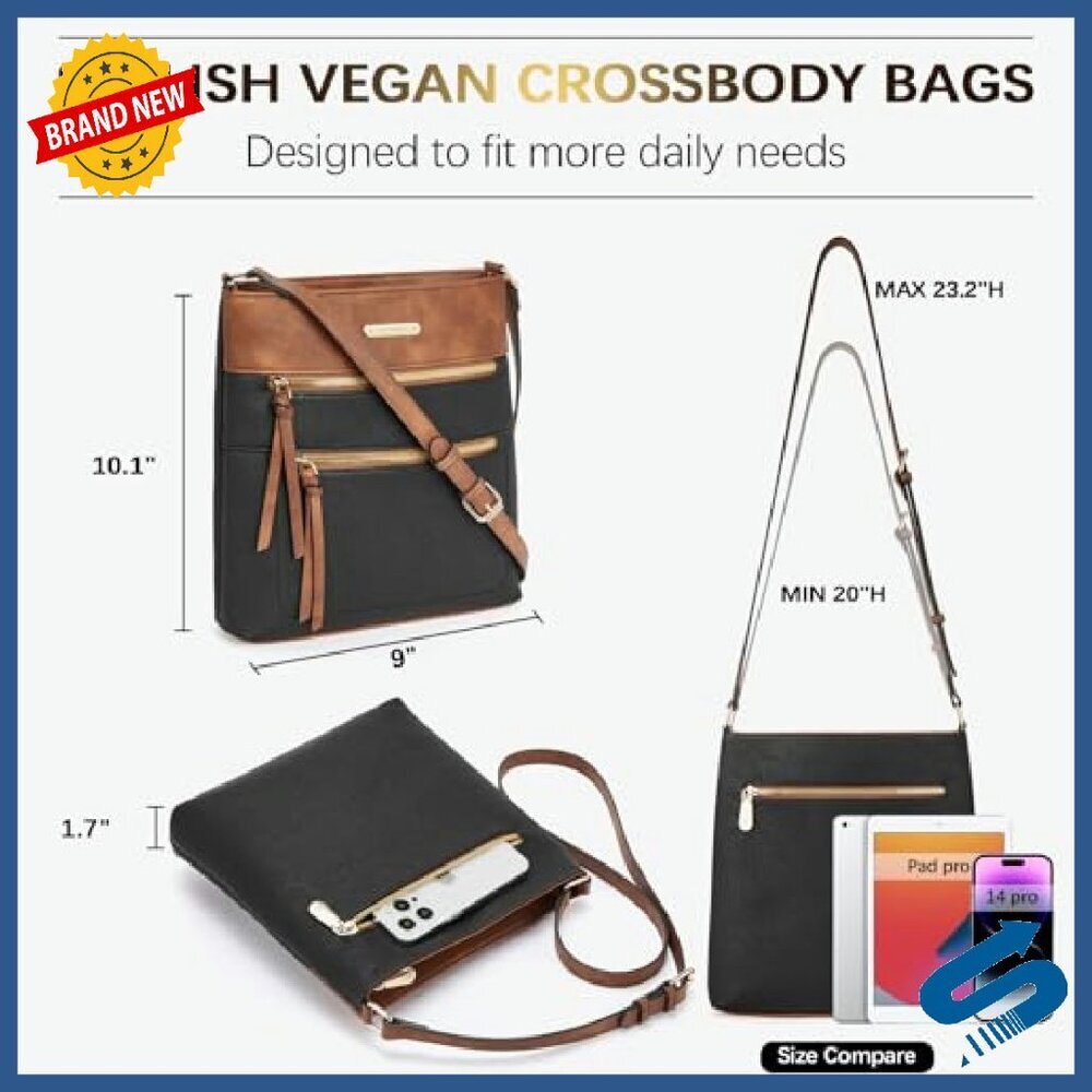 Medium Vegan Leather Crossbody Bag with 5 Zipper Pockets for Daily Use - Picture 3 of 8